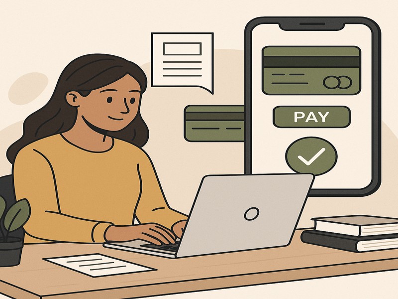 دانشجوی دختری که مراحل پرداخت شهریه را با لپتاپ انجام میده