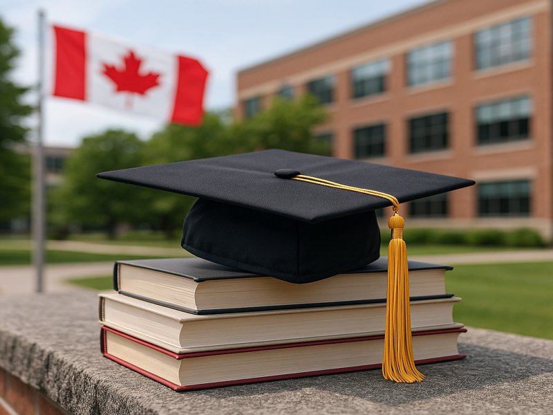 کلاه فارغالتحصیلی روی چند کتاب در محوطه دانشگاهی در کانادا با پرچم کانادا در پسزمینه – نمادی از تحصیل رایگان یا کمهزینه در دانشگاههای کانادا